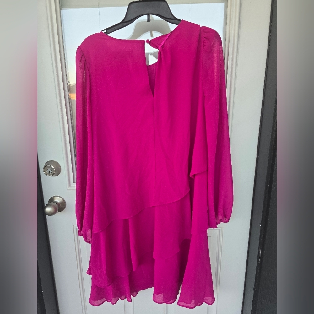 $109 Jessica Howard Shift Dress Sz 16 Plus Tiered Pink Chiffon Long Sleeves Date - Picture 12 of 16